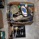 A box of EPNS wares, including galleried tray, cased flatware,