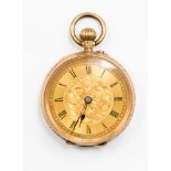 A 14ct gold ladies fob watch, marked 14ct to inside cover, gold coloured dial, black Roman numerals,