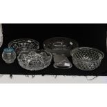 A collection of cut glass, comprising a hand blown and frosted glass fruit bowl,