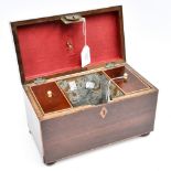 A 19th century mahogany and string tea caddy with triple division interior,