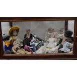 Two boxes of assorted dolls to include three 1920's Japanese dolls (as found), a wax doll,