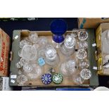 A box of assorted glassware, including a pair of George III, three ring neck decanters,