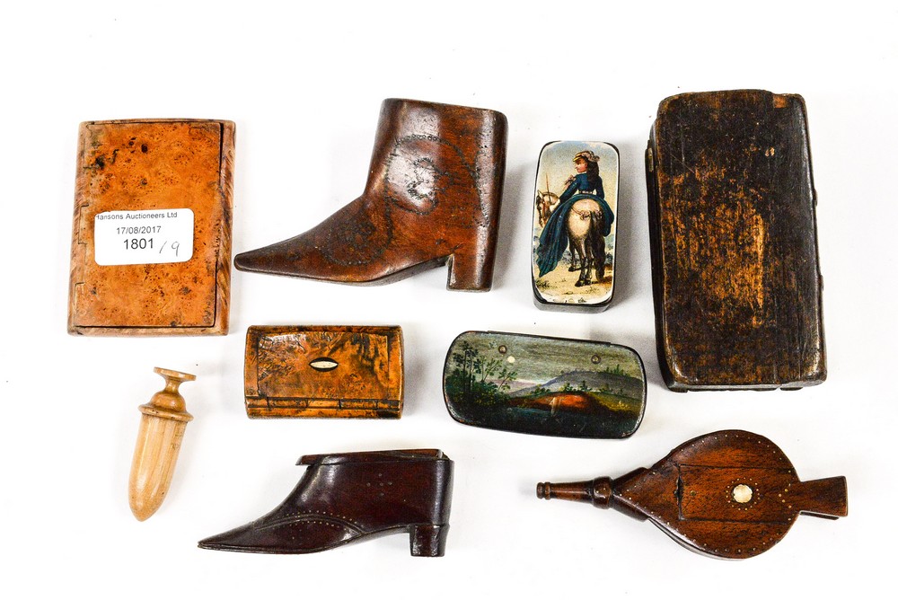 A collection of 19th Century snuff boxes, burr wood and papier mache, including shoes, bellows,