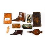 A collection of 19th Century snuff boxes, burr wood and papier mache, including shoes, bellows,