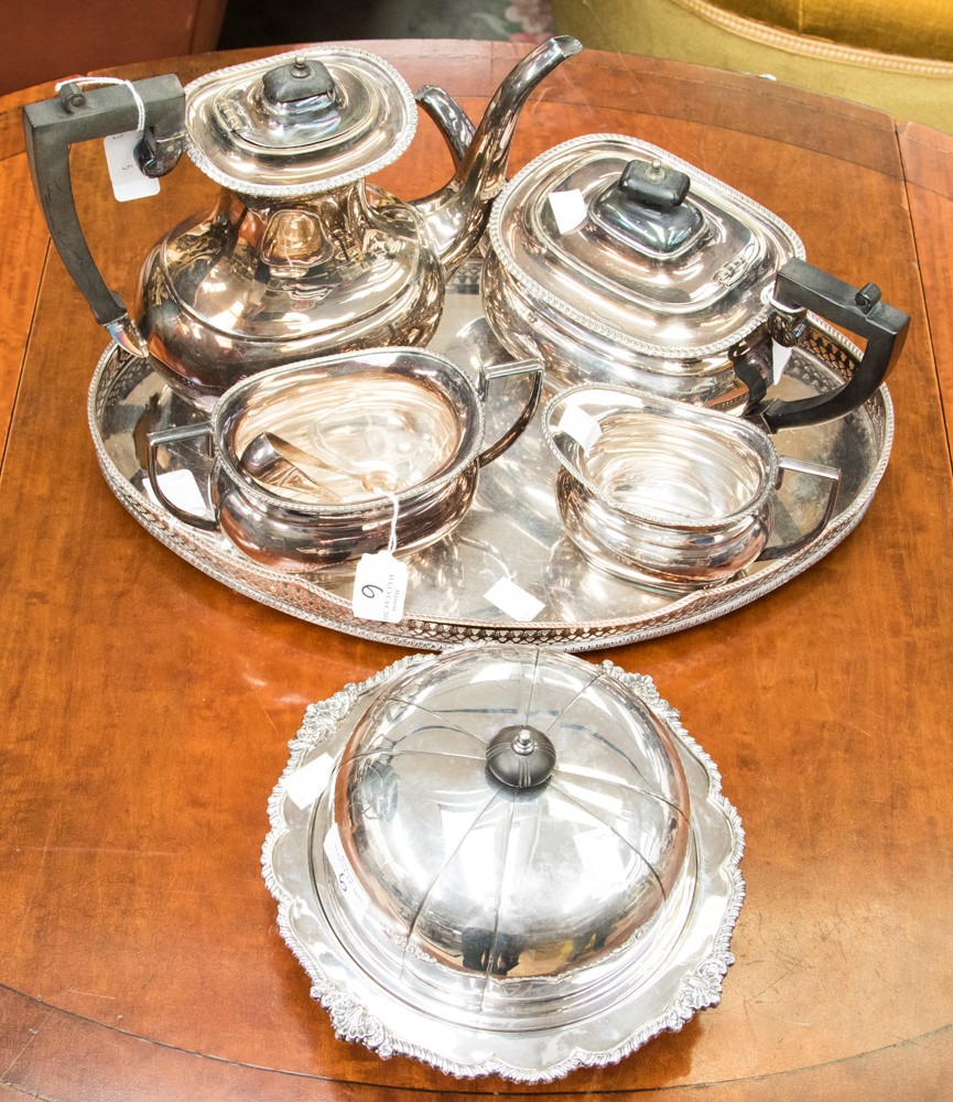 A Sheffield EPNS coffee and tea set with oval galleried tray and tongs,