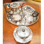 A Sheffield EPNS coffee and tea set with oval galleried tray and tongs,