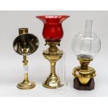 A brass 'student lamp' with a brass twin burner oil lamp,