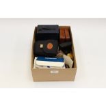 Box camera Ensign E29, navy casing Olympus camera jewel boxes, wooden box,