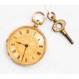 An open face 18ct gold pocket watch with gold dial with engraved detail