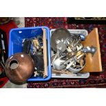 Two boxes of metalware including a Studio copper bowl, weighing scales and weights,