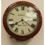 A 19th century school/railway circular wall clock with original key and pendulum, mahogany surround,