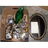 A box of miscellaneous containing a mirrored tray, two teapots, Oriental box, stand, glassware,