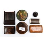 A collection of 19th Century snuff boxes including papier mache and painted, olive wood, parquetry,
