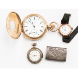 A 1920s ladies 9ct gold wristwatch, a gold plated half hunter pocket watch,