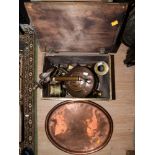 A brass covered log box and brass and copper contents,
