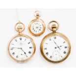 A group of three gold plated pocket watches, two gentleman's one ladies,