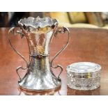 An Art Nouveau silver plated hand hammered two handled vase, of waisted form,