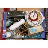 A Tin suitcase, a desk set, enamel milk can, two chamber pots, brass candlesticks etc, boxes,
