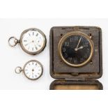 Two silver Hunters with a Brevet Swiss travel clock in it's original leather case (3)