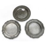 Three pewter plates, 18th Century or later, London touchmarks ED.