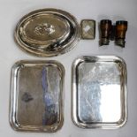 Two silver plated trays, an entree dish,