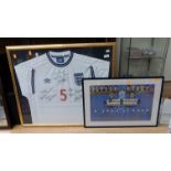 A framed and glazed England home shirt, signed by Arthur Cox, Peter Beardsley, Kevin Keegan,