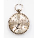 A silver keywind open face pocket watch, floral spray pattern to silver dial,