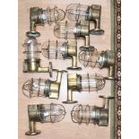 Ten reclaimed brass bulkhead ship passageway lights, they have Yoshida Tokushu glass globes,