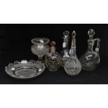 German silver collared cut glass decanter with various other decanters and glass bowl and plate