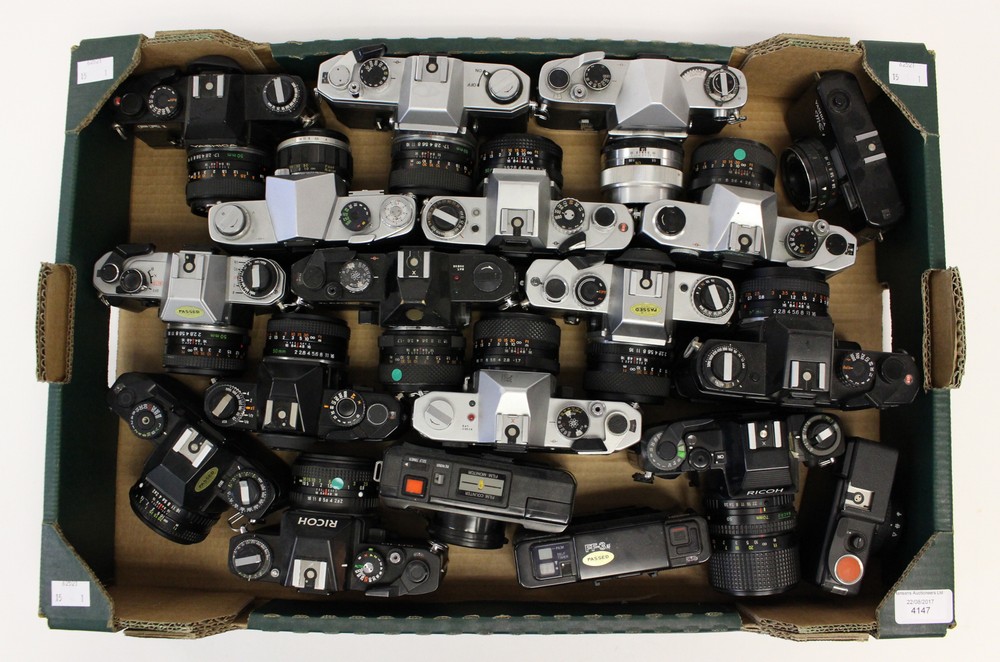 Cameras: One box of assorted cameras to comprise: Yashica FRi, Yashica FX-2, Yashica J-5,