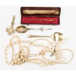 Various faux pearl necklaces, a Royal Naval Barrack Devonport silver spoon, EPNS spoon,