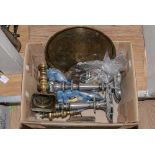 A bag of assorted coins, mostly copper, medals, flatware and brass tray,