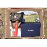 A box of textiles, make up bags, belts,