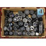 Lenses: One box of assorted camera lenses to include examples of: Canon, Vivitar, Sigma, Miranda,