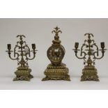 Late 19th century brass cased, eight day garniture clock set,