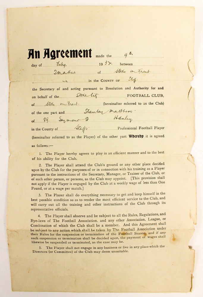 Stanley Matthews: A July 1932 contract for Stanley Matthews, his first contract at Stoke City,