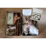 Two boxes of curios to include one box of vintage 1930's Christmas tree decorations: WW2 British