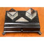 A desk set with drawer, with silver initialed cartouche and silver topped inkwell lids,