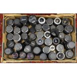 Lenses: One box of assorted camera lenses to include examples of: Nikon, Yashica, Pentax,