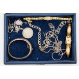 A collection of silver jewellery including a bangle and a Dutch coin, two gold plated watches,