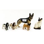 Beswick small size Springer Spaniels liver/white and black/white, a Pug and a Siamese cat,