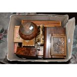 A box of wooden jewellery boxes, cigarette boxes, cigarette dispensers, music boxes,