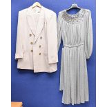 One silk jersey pale grey midi dress with a heavily sequined neckline, made by Shubette, as new,