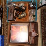 A powder compact, cased hip flask, tots, candlesticks, cigarette case, cased typewriter,