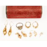 A collection of 9ct gold earrings, including a pair of Victorian yellow metal drop earrings,