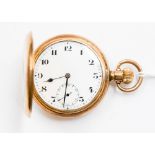 A gold plated full hunter pocket watch crown winding movement