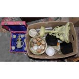 A box of assorted Onyx items including pedestal bowl, candlestick, smoking ephemera, Onyx eggs,