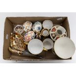 A box of Royal Crown Derby, including 1128 Imari vases, loving cup, trinkets, etc,