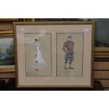 Two framed and glazed costume designs for two characters in 'Three Men in a Boat' dated 1947,