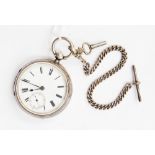 A Victorian silver pocket watch and chain, white enamelled dial and subsidiary seconds dial,